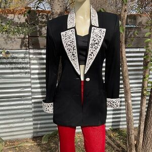 80s 90s Solini B/W Shoulder Pad Oversized Lace Detail Blazer